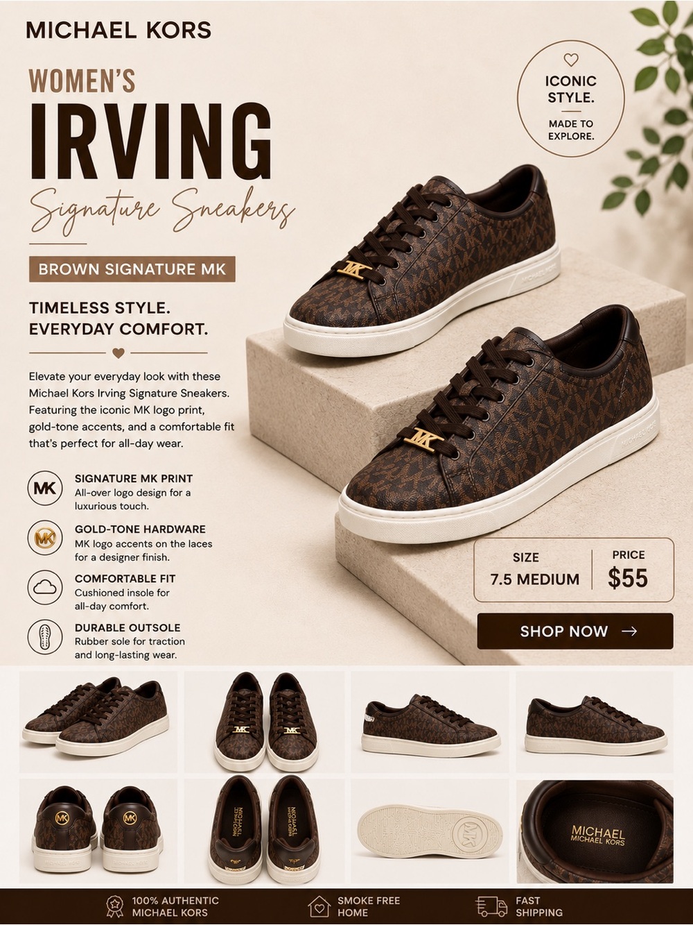 Michael Kors Brown MK Signature Low-Top Sneakers with Gold Hardware